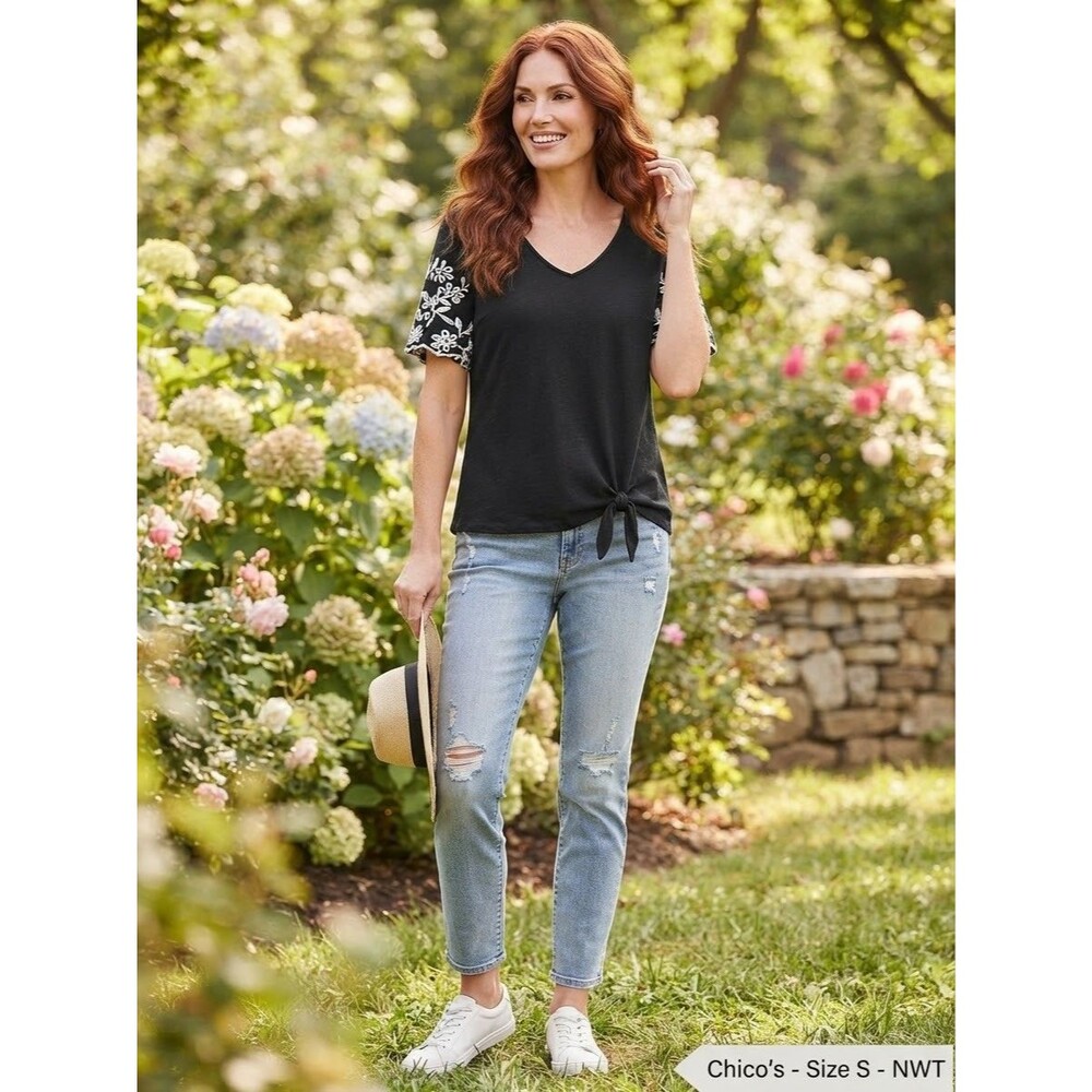 Chico's Black Embroidered Tee Top Tie Front V-Neck Natural Fiber Size 1 / M Soft
